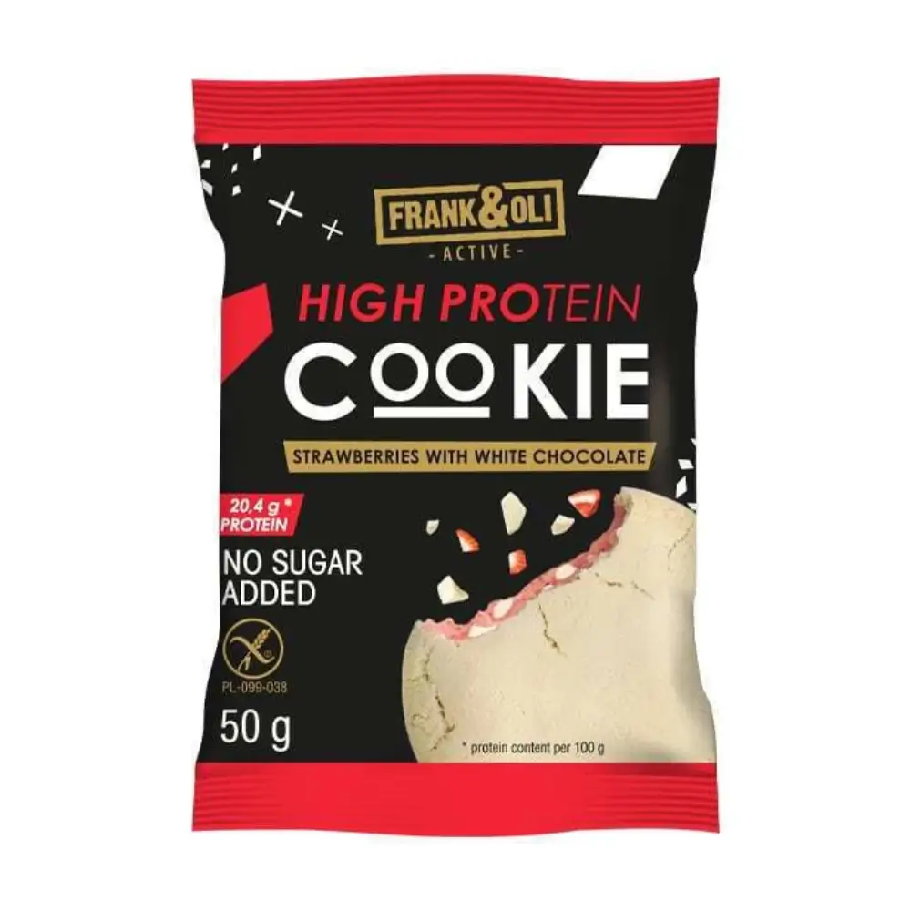 High protein cookie 50g / Fank & Oli - White choco Strawberries