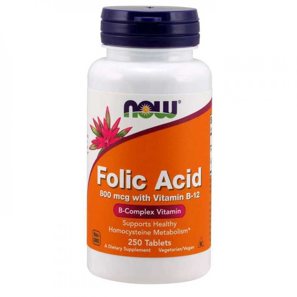 Folic Acid 800mcg with Vitamin B12 250 ταμπλέτες - Now / Φολικό Οξύ - Βιταμίνες