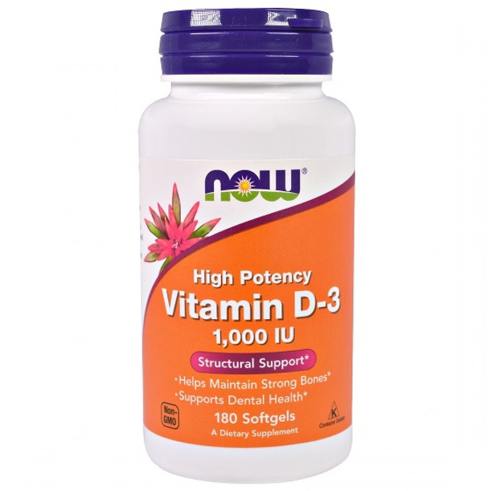 Vitamin D-3 1000 IU  High Potency Vitamin 180 μαλακές κάψουλες - Now / Βιταμίνη D3 - Οστά Δόντια