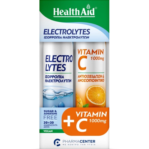Health Aid Electrolytes 20 αναβράζοντα δισκία & Vitamin C 1000mg Γεύση Πορτοκάλι 20 αναβράζοντα δισκία 2 x 20 αναβράζοντα δισκία