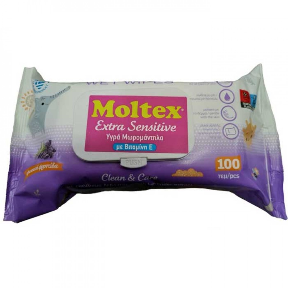 Moltex Μωρομάντηλα 100 τεμάχια με Βιταμίνη Ε & εκχύλισμα λεβάντας