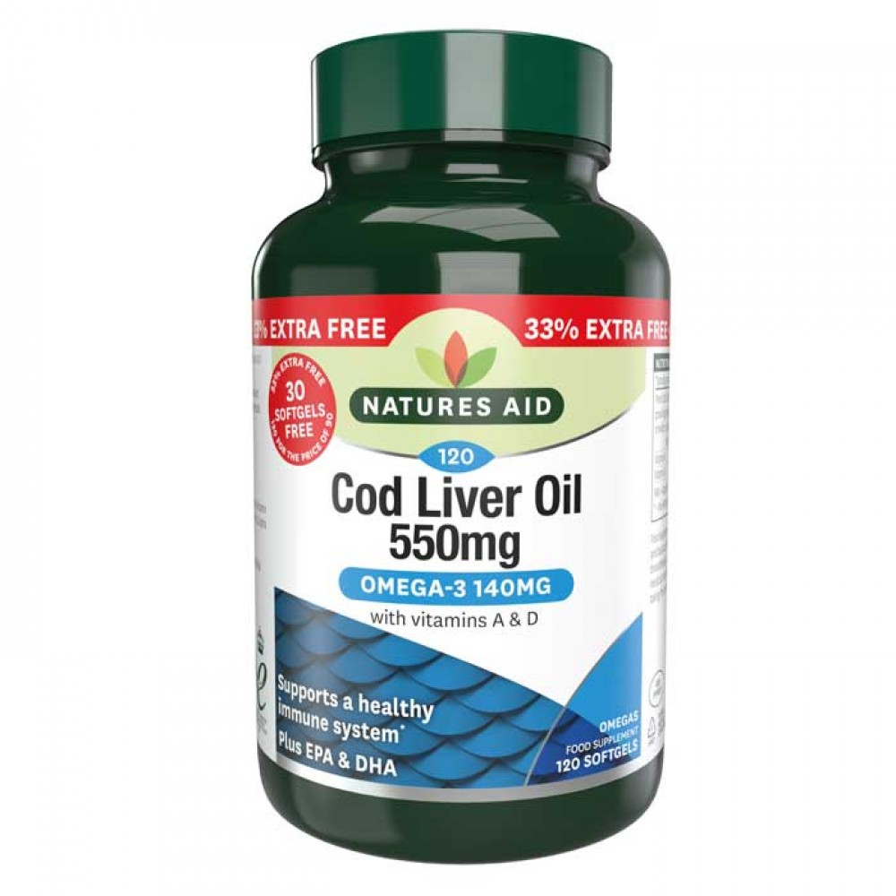 Cod Liver Oil 550mg 120 Softgels  - Natures Aid / Μουρουνέλαιο - Ωμέγα 3